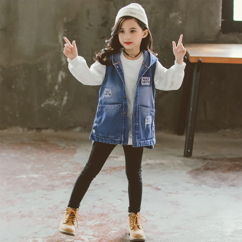 Детская одежда 2019 новый осенний джинсовый жилет с капюшоном для девочек модная