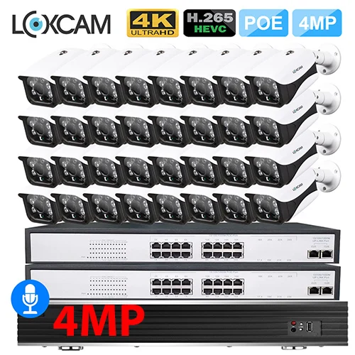 32CH x 32pcs 4MP Cam LOXCAM H.265+ 32CH 4K POE Комплект камер видеонаблюдения 4MP аудио запись Открытый водонепроницаемый безопасности ip-камера видеонаблюдения комплект - Цвет: 32CH x 32pcs 4MP Cam