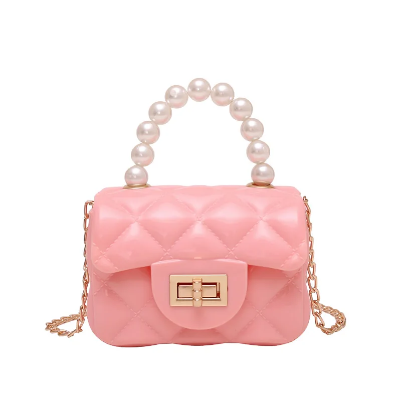 

Women Shoulder Bags Candy Color Pu Flap Zero Purse Pearl Handle Detachable Shoulder Strap Mini Rhombus Lattice Jelly Bag