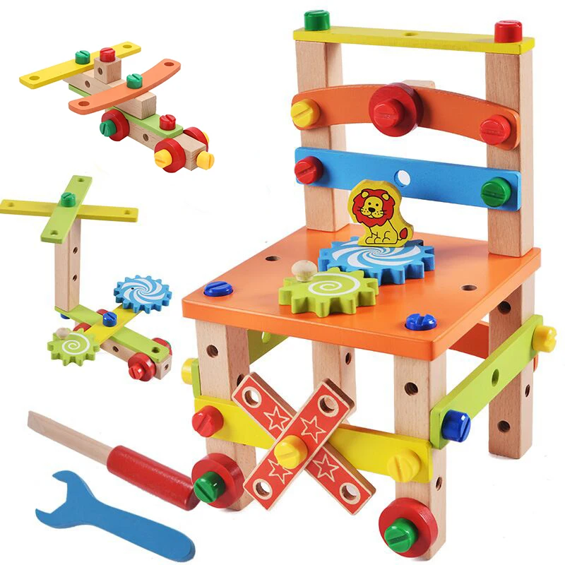 

Newest Wooden Assembling Chair Montessori Toys Baby Educational Blocks Toy Preschool Children Variety Nut Combination Chair Tool