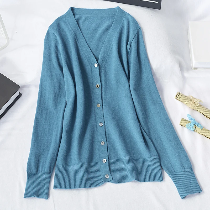 

2020 New Arrival V Neck Women Cardigans Korean Solid Long Sleeve Thin Outwear Tops Vintage Single Breasted Sweaters