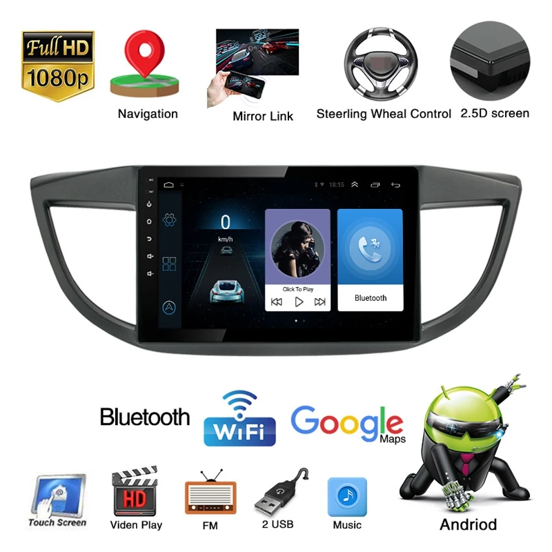 2 Din Car Radio 10.1 Inch Hd Mp5 Multimedia Player Android 8.1 Gps Navigation Wifi Bluetooth for Honda CRV 2012-20 | Автомобили и