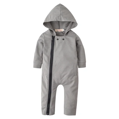 Комбинезон для новорожденных мальчиков, детская одежда, Модный хлопковый серый комбинезон на молнии с капюшоном и длинным рукавом, осенняя одежда для младенцев, наряды