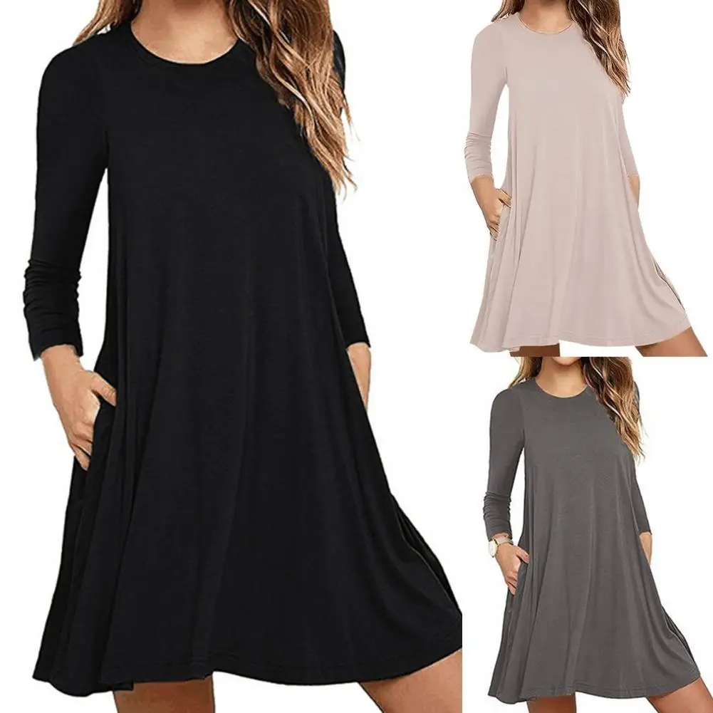

Popular Round Neck Solid Color Ladies Mini Dress Breathable Women Long Sleeve Pockets Tunic Dress Streetwear