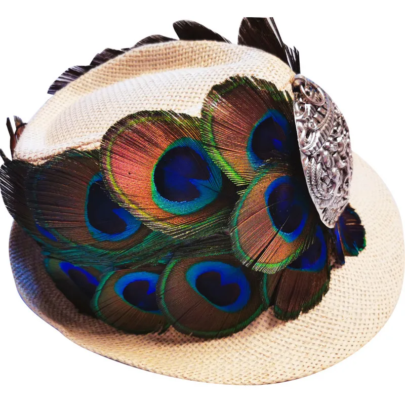 

Handmade Peacock Feather & Chinese Ethnic Minority MIAO's Silver Cowboy Straw Bowler Hat