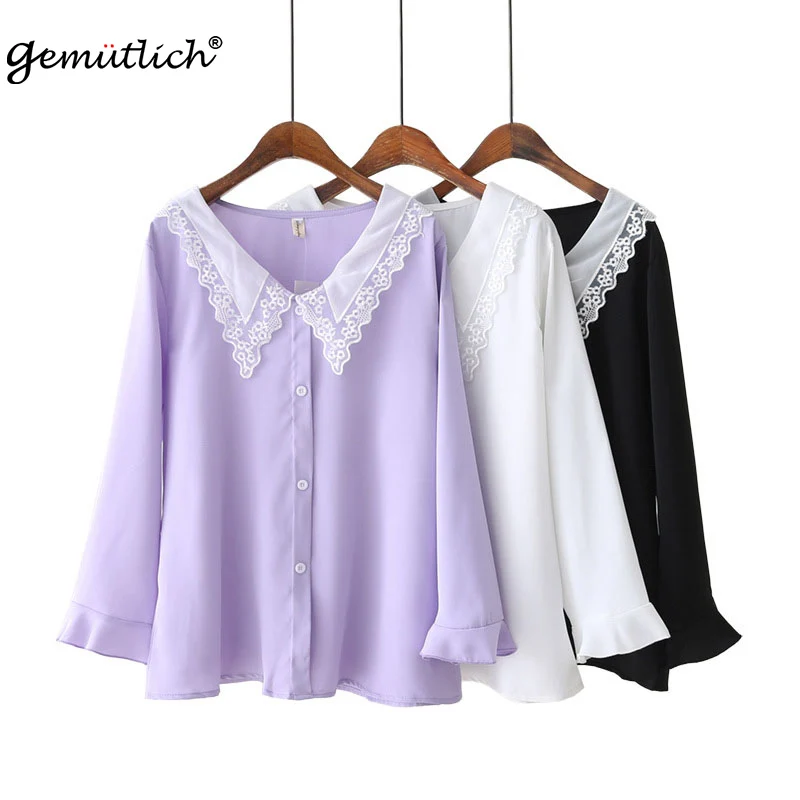 

GEMUTLICH Women Big Size Chiffon Shirt Long Flare Sleeve Peter Pan Collar Autumn Blouse Lace Patchwork Sweet Top