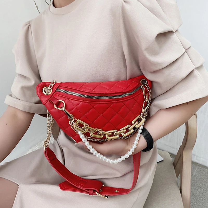 

Brand Rhombus Belt Bag Famale Fashion Chain Chest Bags Designer Pearl Waistbag Lady Luxury Shoulder Bags Women Crossbody Bag