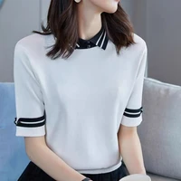 korean half sleeved ice silk knit sweater womens new black was thin and elegant style striped blouse summer