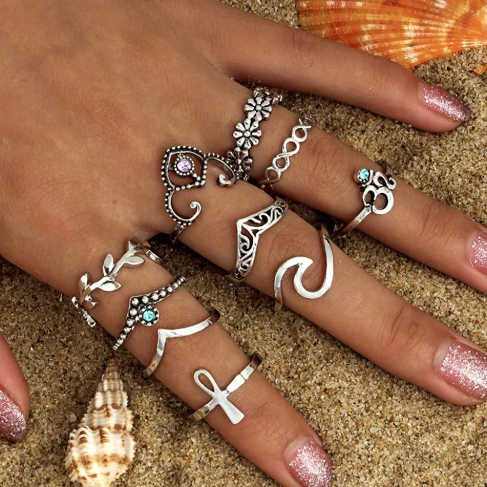 

10pcs/set Women Bohemian Vintage Silver Stack Rings Above Knuckle Blue Rings Set Vintage Ring Simple Metal Ring Bijoux Femme#672