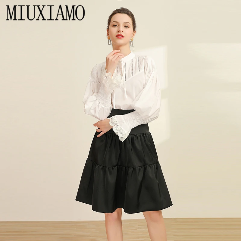 MIUXIMAO Best Quality 2020 Office Lady Spring Twinset Elegant Lace Long Sleeve Top+Black Dress Luxury  Suits Women Vestido