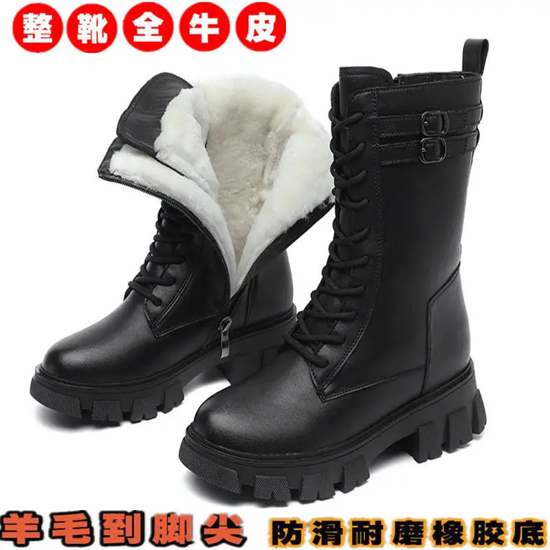 

2021winter New Full Cowhide Martens Boots Women's Middle Tube Boots Flat Wool Platform Cotton plus Velvet Double Row Belt Buckle