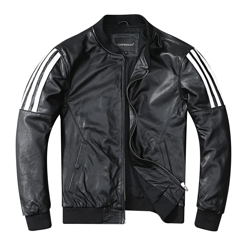 

2021 Plus Size 5XL Men's Genuine Leather Jackets Black Cowhide Patchwork Jackets Baseball Collar Leather Coat for Male