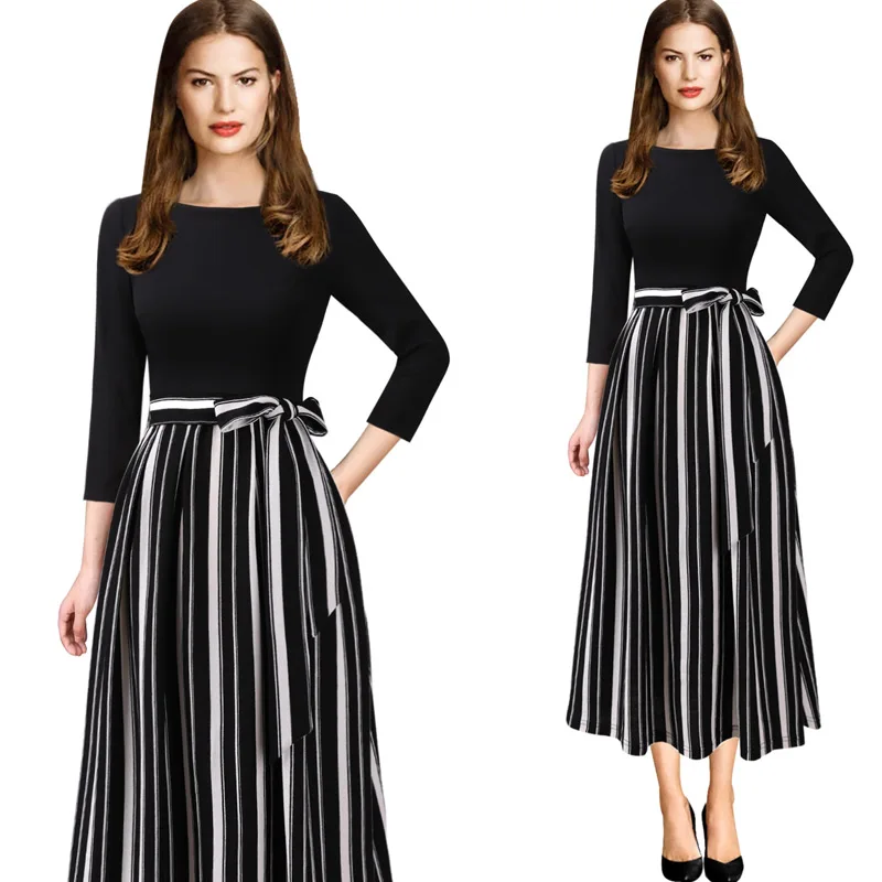 Black White Stripe Женский vfemage Элегантный Винтаж печати Карманы поясом офис бизнес повседневное вечерние партии Fit and Flare чай трапециевидной формы миди платье 1752 - Цвет: Black White Stripe