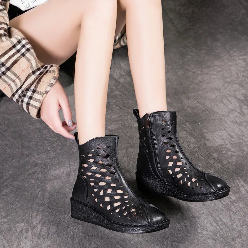 

VALLU 2020 Retro Comfortable Hollow Hole Toe Layer Leather High-Top Slope Heel Women's Summer Sandals