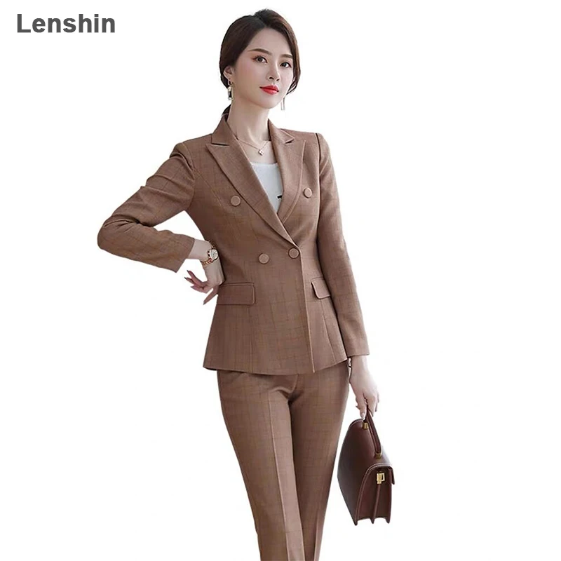 Lenshin High-Quality Plus USA Size Women's Plaid Two Piece Set For Women Ankle-length Pant Suits Office Wear Fashion Blazer Sets