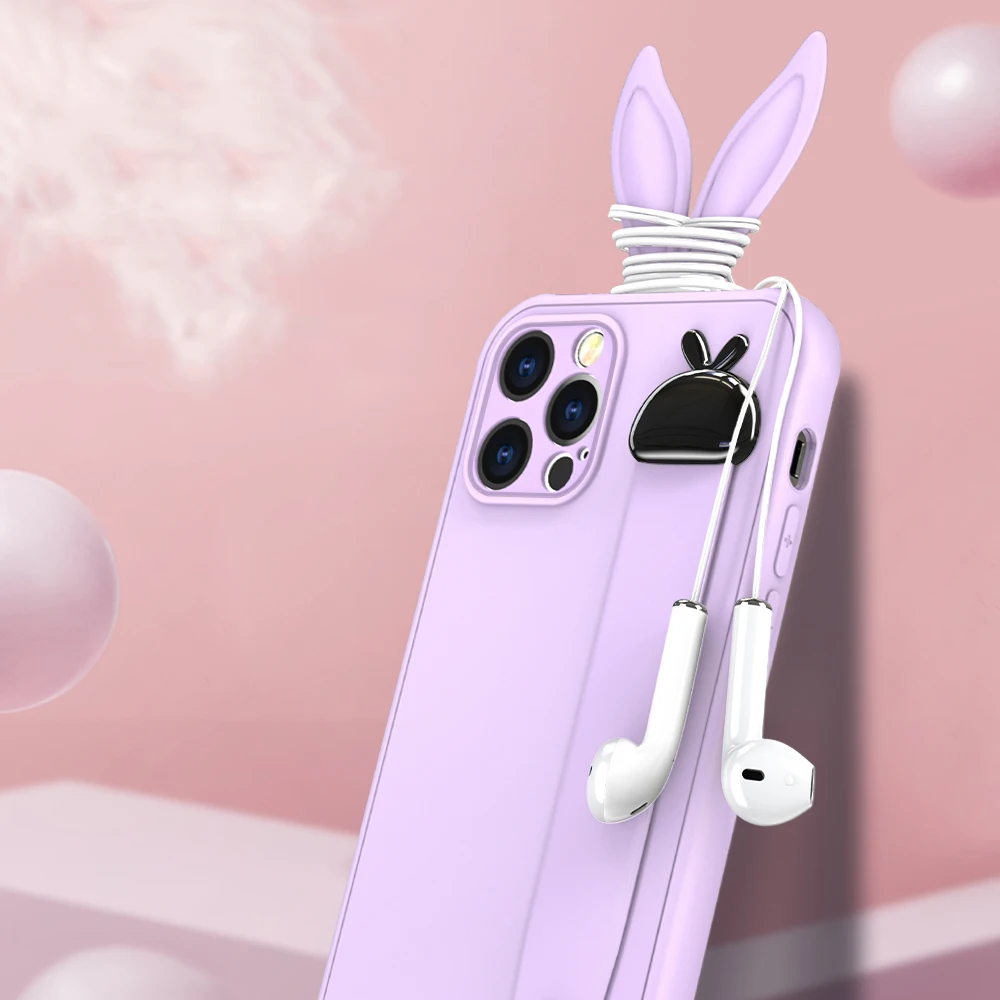 

Wrist Strap Case For iPhone 12 11 Pro Max 12 Mini X XR XS Max 8 7 Plus SE 2020 Soft Silicone Rabbit Ear Holder Phone Cover Case