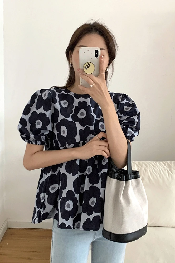 

COIGARSAM Loose blouse women Summer Floral Puff Sleeve blusas womens tops and blouses 1086