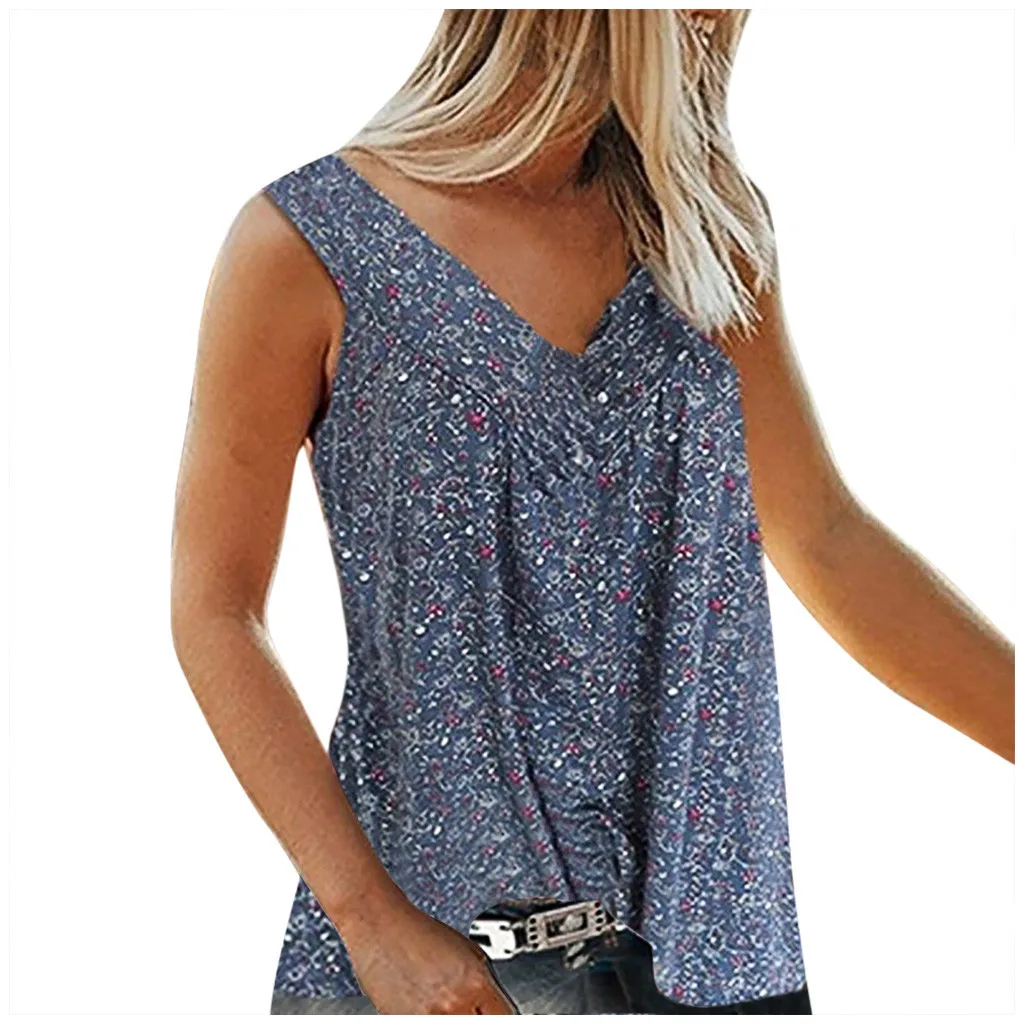 7xl Plus Size T-shirts For Women Casual V Collar Printed Tops Fashion Broken Flowers Sleeveless Shirts Leisure Time Shirt Блузки