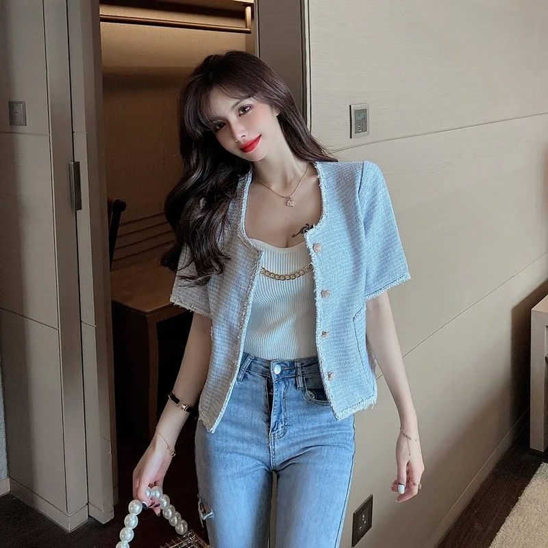 

Женский твидовый жилет с коротким рукавом, Маленький очаровательный жакет в корейском ретро-стиле, короткий кардиган с круглым вырезом, вес...