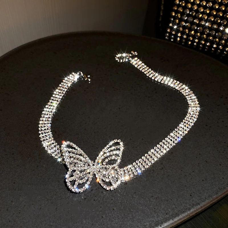 

FYUAN Beautiful Butterfly Crystal Choker Necklaces for Women Shine Rhinestone Necklaces Statement Jewelry Accessories