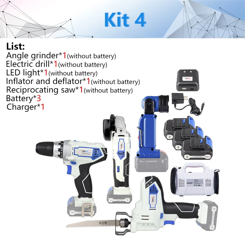 Kit 4 NEWONE/Keinso 12V 6-инструмент литиевая аккумуляторная на высокоточном оборудовании, угловая шлифовальная машина электрическая дрель светодиодный светильник пылесос электрическая пила - Цвет: Kit 4