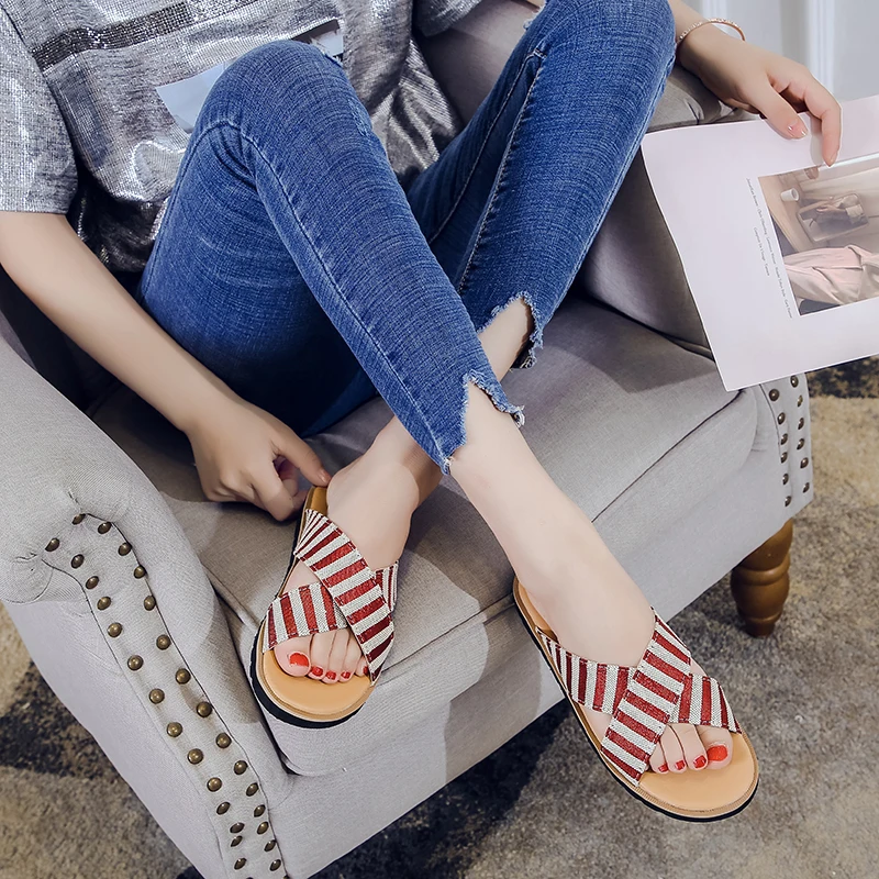 

Casual New Women's Slippers 2021 Fashion Simple Striped Upper Beach Outdoor Open-toed All-match Women's Slippers