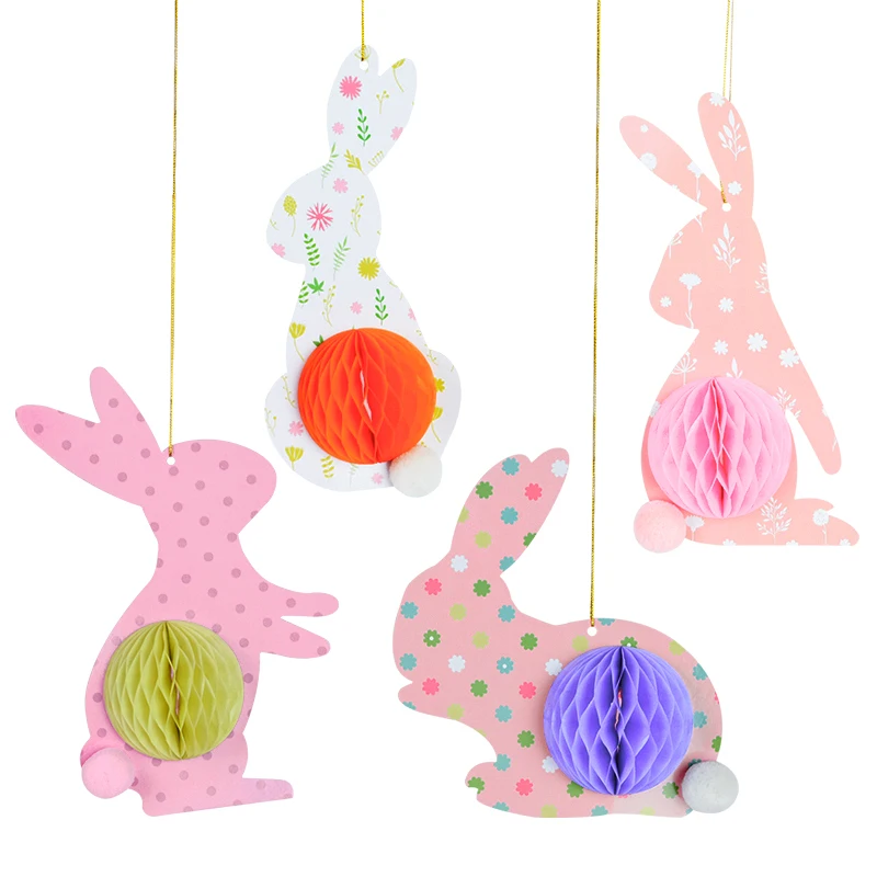 

4PC Easter Bunny Decorative Paper Pom Pom Rabbit Pendant Pendant Kids Gifts Happy Easter Kindergarten Home Decor Party Supplies