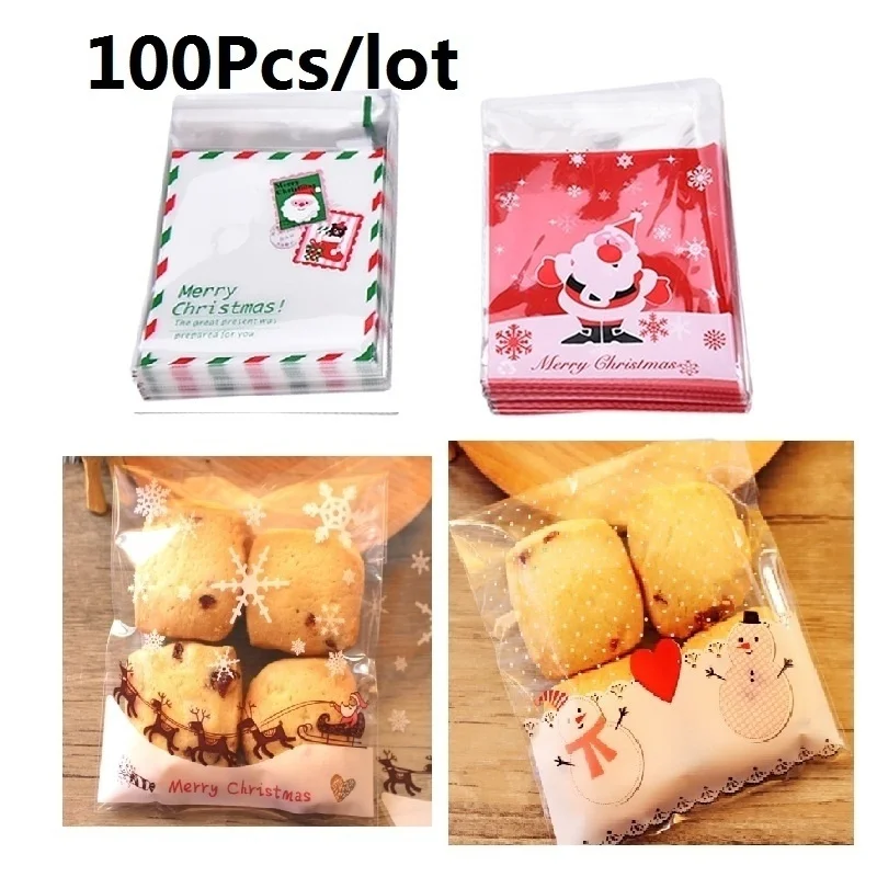 

100Pcs Christmas Santa Claus Moose Snowman Self-adhesive Cookie Packaging Bags for Biscuits Snack Gift Wrap