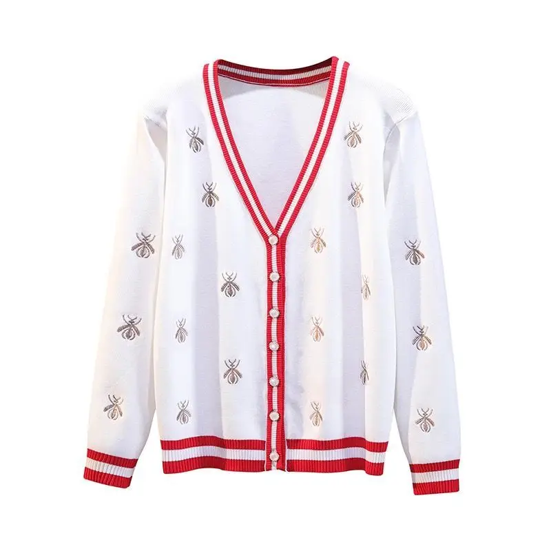 

Spring and Autumn New Heavy Worker Little Bee Embroidered Knitted Cardigan V-Neck Long Sleeve Slim Jacket Jacket Women