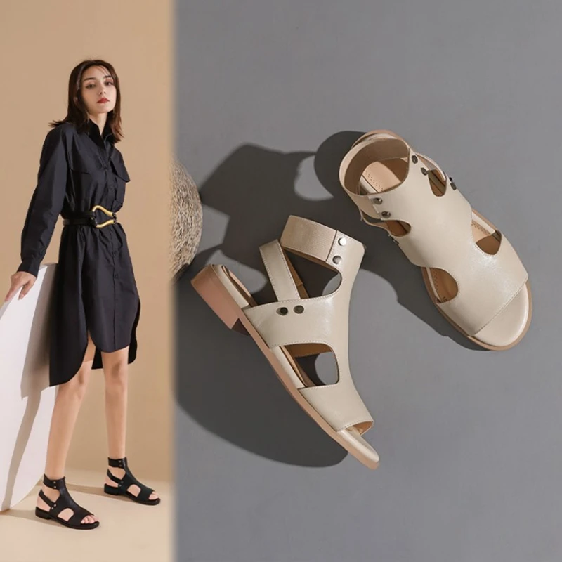 

Women Sandals Summer 2021 Low Heel Fashion Sexy Open Toe Hollow Roman Sandals Casual Rivet Square Heels Leather Female Sandals