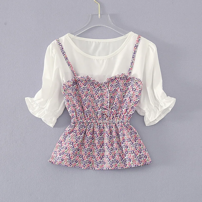 

Summer New Women's Pink Ruched Ruffle Shirt Korean Flower Printed Suspender Hit Color Short-Sleeved Blouse Fake Two-Piece Tops