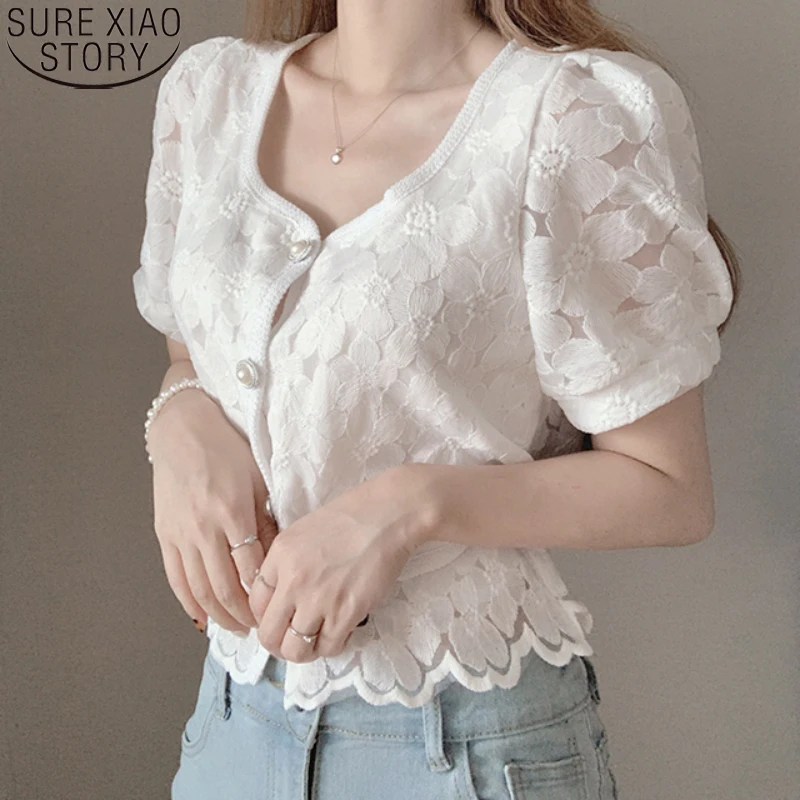

Summer Shirts Ladies Pearl Elegant Sweet Tops Floral Embroidery Lace Blouses Women French Style Square Collar Blusas Mujer 15726