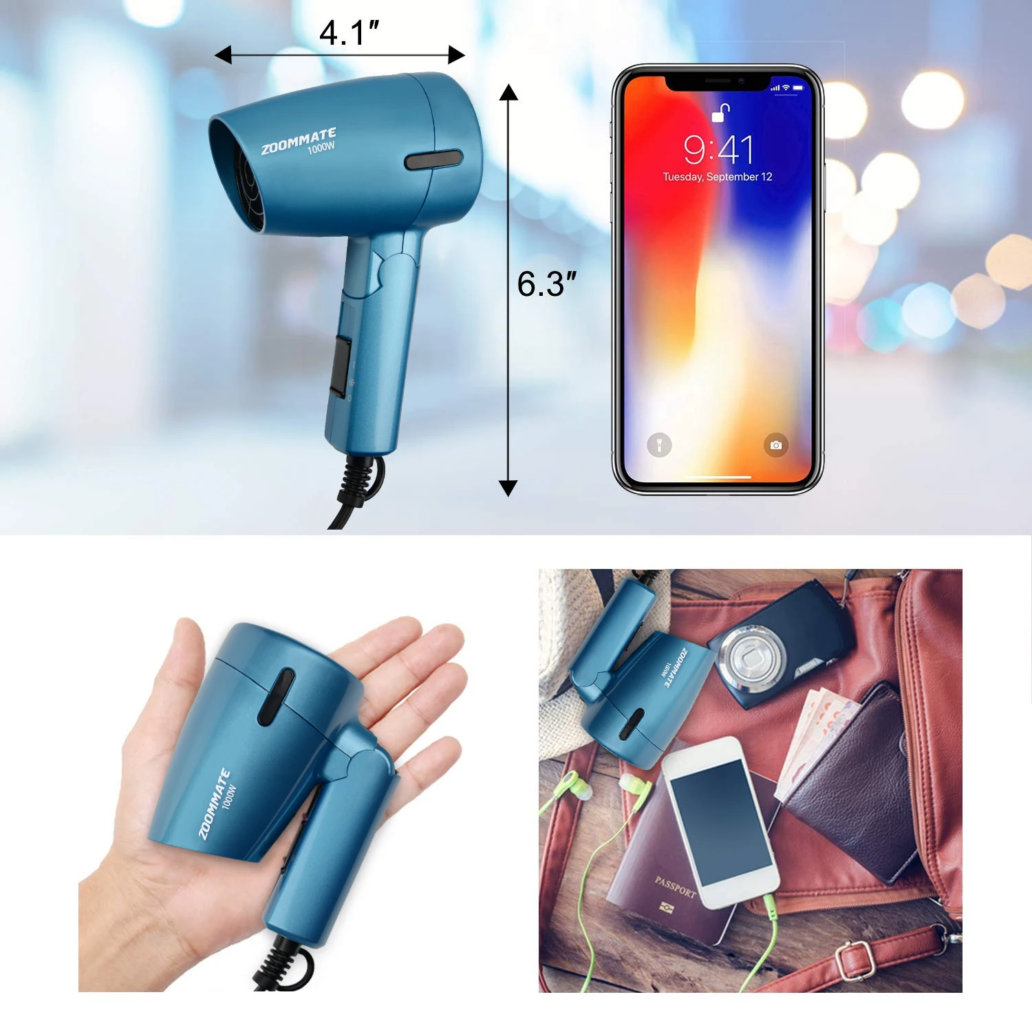 ZOOMMATE 125 В Мини Дорожный фен 1000 Вт Складная ручка с мешком горячая и крутая 2