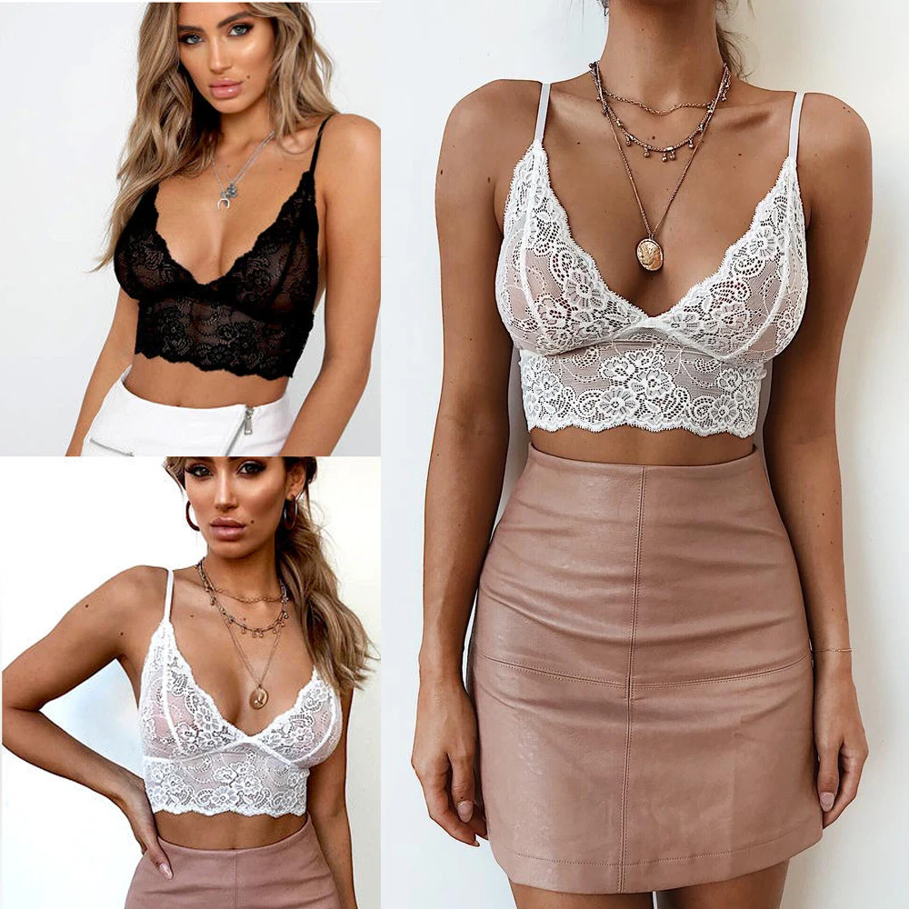 

Sexy Women Deep V neck Spaghetti Strap Floral Lace Bralette Crop Top Unpadded Bra Sheer Mesh Bra Tops