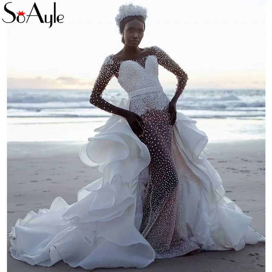 

Женское свадебное платье с жемчугом SoAyle, роскошное платье с длинным рукавом и съемным шлейфом для невесты