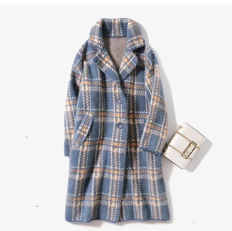 Winter Faux Mink Fur Plaid Knit Coat Jacket Outwear Women Warm Long Knitted Cardigan |