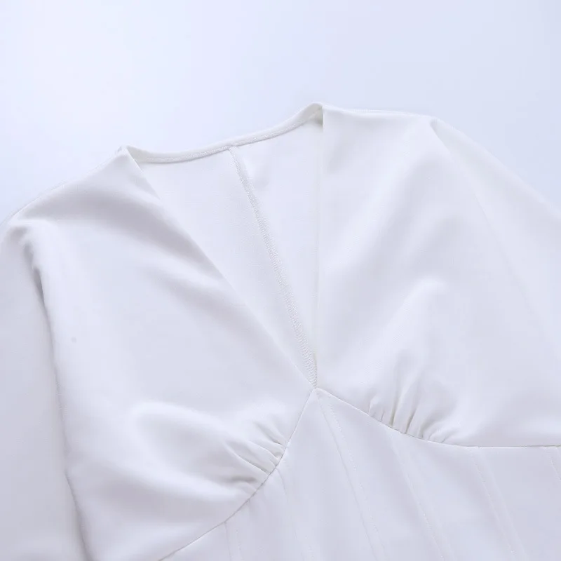 

Paris Girl Spring Autumn Fashion Dress Women V-Neck High Waist Solid Color Fashion White Elegant Puff Sleeve Casual Mini Dress