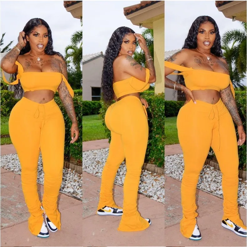 

Women's Suit Flared Trousers Condole Sling Sports Two-Piece Solid Color Fold Split Backless Sleeveless Tops Slash Neck Summer