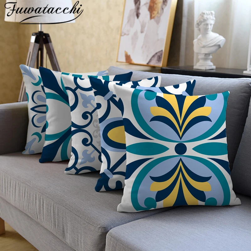 

Fuwatacchi Geometric Pattern Cushion Cove Decorative Blue Yellow Flower Print Pillow Case For Home Sofa Fall Decor Pillows Cover