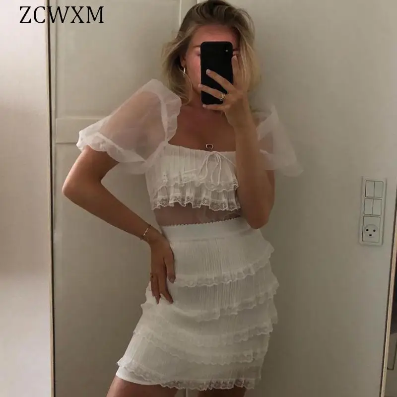 

Summer White Lace Dress Party Women Elegant Sexy Backless Short Puff Sleeve Cake Midi Lace Up Fairy Vestido Mesh Dress Spring