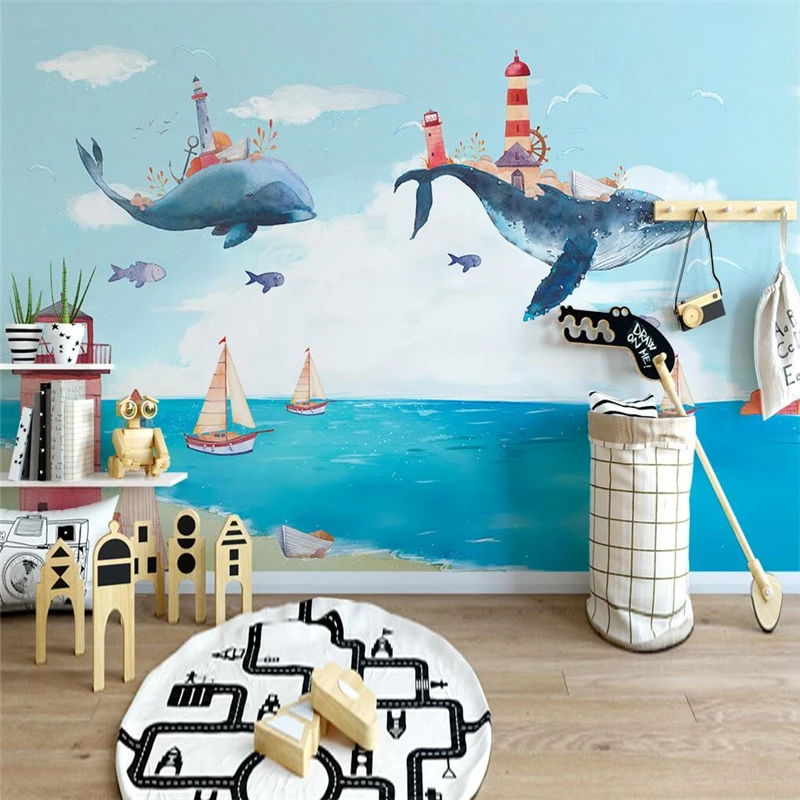

beibehang custom Nordic creative watercolor Mediterranean ocean whale wall paper children's room background bedroom wallpaper 3D