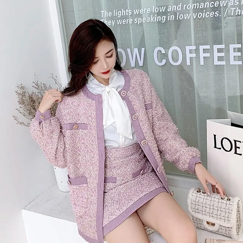 Korean Qualities Panelled Womens Tweed Two Pieces Sets Single Breasted O-Neck Medium Length Loose Coats High Waist A-Line Skirts |