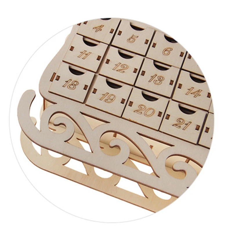 

Sleigh Wooden Advent Calendar Countdown Christmas Party Decor 24 Drawers with LED Light