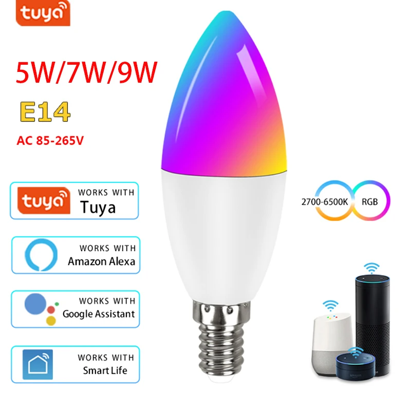 

Tuya Smart WiFi LED Bulb E14 RGB CW Dimmable Light Bulb 5W 7W 9W Candle Bulb For Alexa Echo Google Home Assistant AC 85-265V