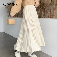 qooth temperament knitted pleated skirt winter high waisted a line long skirt elegant skirts for women korean fashion qt1234