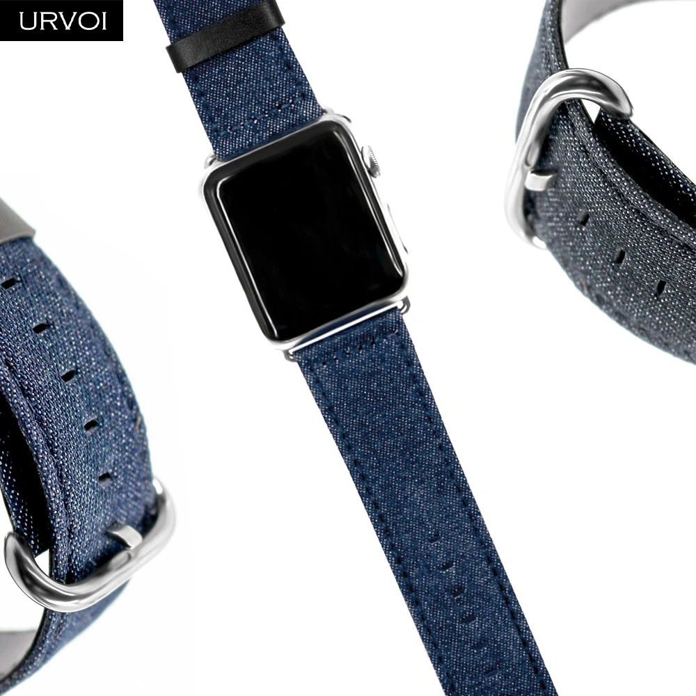 Ремешок URVOI для apple watch series 6/SE/5/4/3/2/1 кожаный браслет из синей джинсовой ткани iwatch