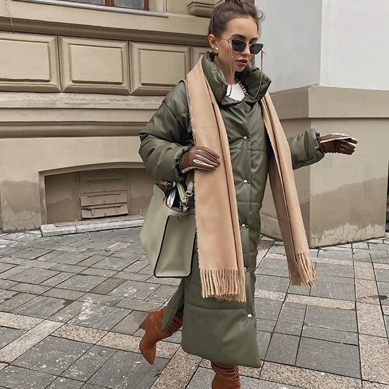 

AGong Casual Khaki Windproof Parkas Women Fashion Winter PU Leather Coats Women Elegant Long Cotton Jackets Female Ladies HZ