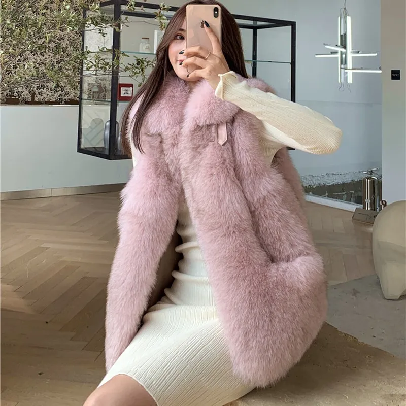 FURSARCAR 2021 Real Natrual Fox Fur Vest For Women Winter Whole Skin Waistcoat With Collar Genuine Motorcycle Leather Fur Gilet