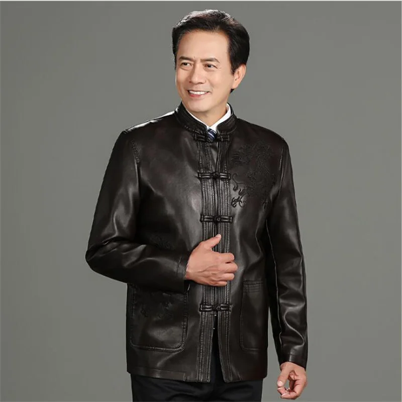 Autumn style men's PU leather coat embroidered dragon Chinese classical Tang suit jacket fashion national costume black brown