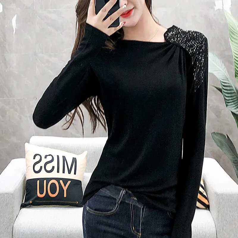 

2021 Spring Autumn New Women T Shirts Fashion Round-neck Hot Drilling T-shirt Solid Color Long Sleeve Women Slim Tops Y230
